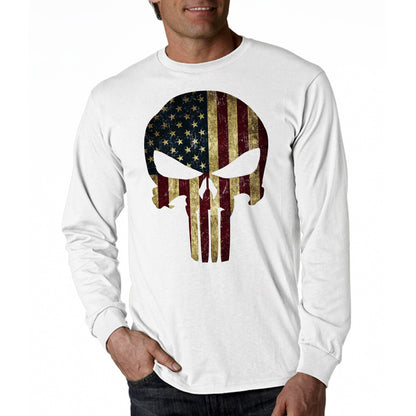 American Flag Patriotic Skull Tactical Long Sleeve Men's T-Shirt