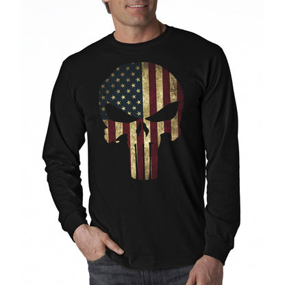 American Flag Patriotic Skull Tactical Long Sleeve Men's T-Shirt