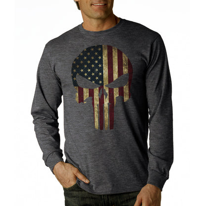 American Flag Patriotic Skull Tactical Long Sleeve Men's T-Shirt