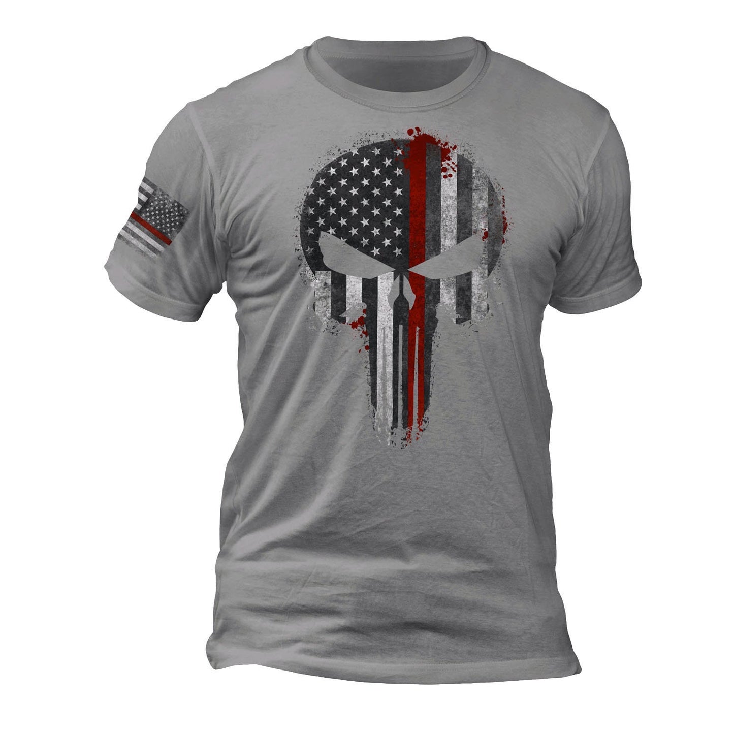 Firefighter Thin Red Line Flag Skull Flag on Sleeve T-Shirt