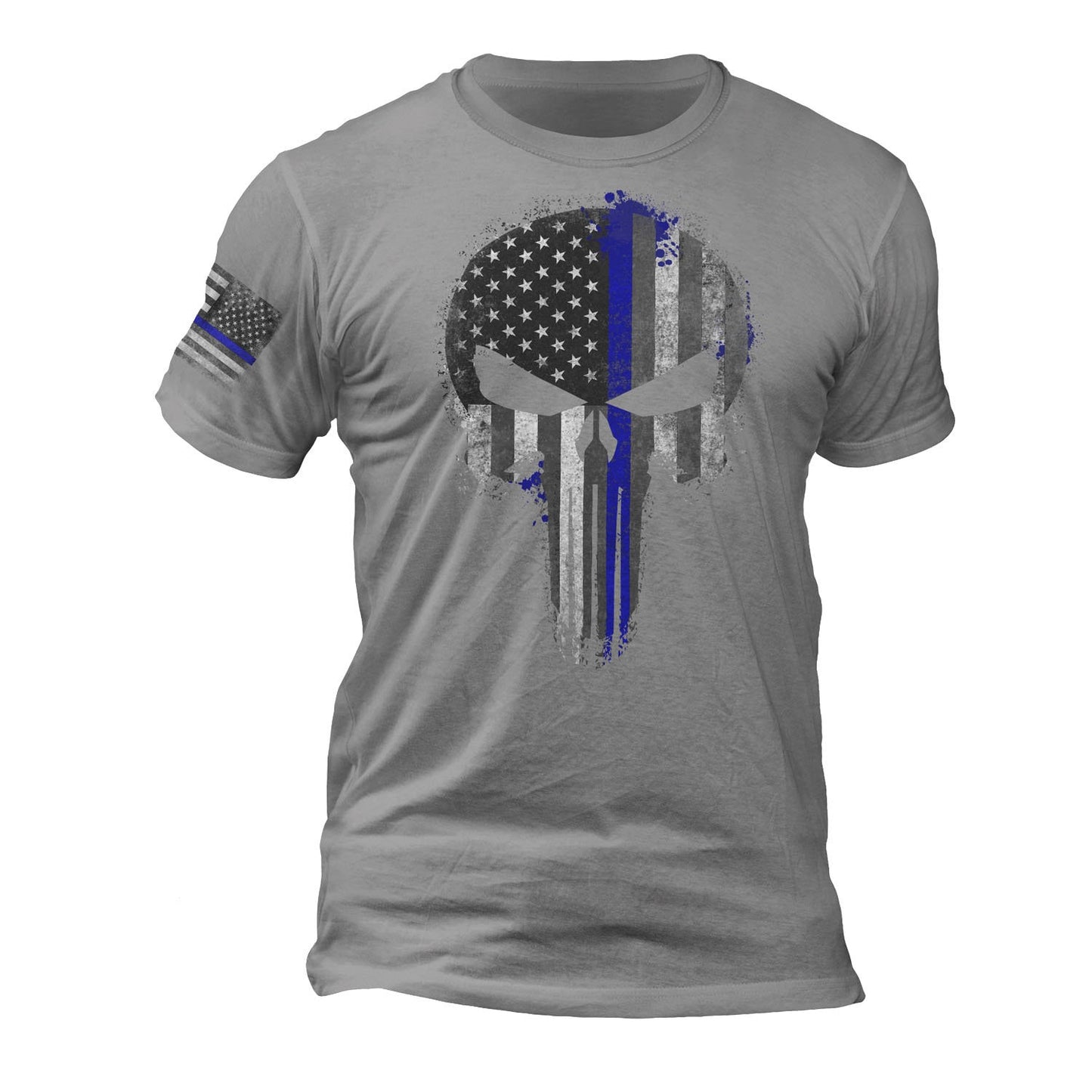 Thin Blue Line Flag Skull Police Lives Flag on Sleeve T-Shirt