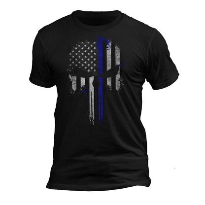 Police Thin Blue Line Flag Skull Men's T-Shirt