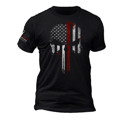 Firefighter Thin Red Line Flag Skull Flag on Sleeve T-Shirt