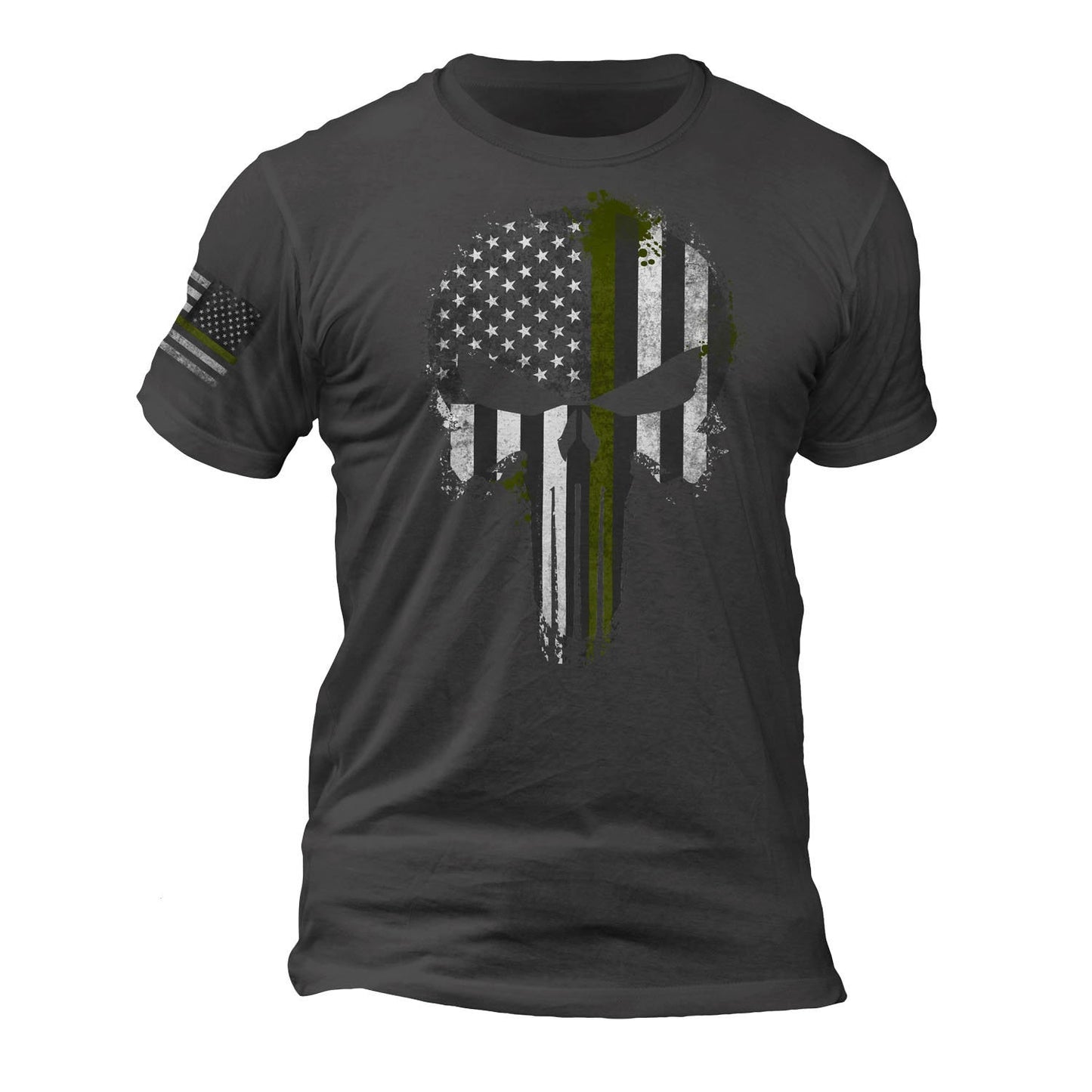 USA Patriotic Army Military Thin Green Line Flag Skull - Sleeve Flag T-Shirt