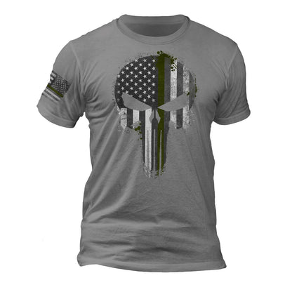 USA Patriotic Army Military Thin Green Line Flag Skull - Sleeve Flag T-Shirt