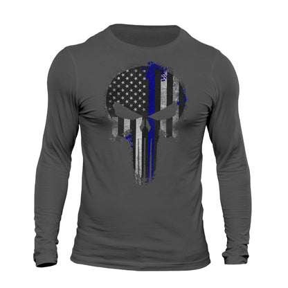 Thin Blue Line Flag Skull Patriotic USA Tactical Men's Long Sleeve T-Shirt