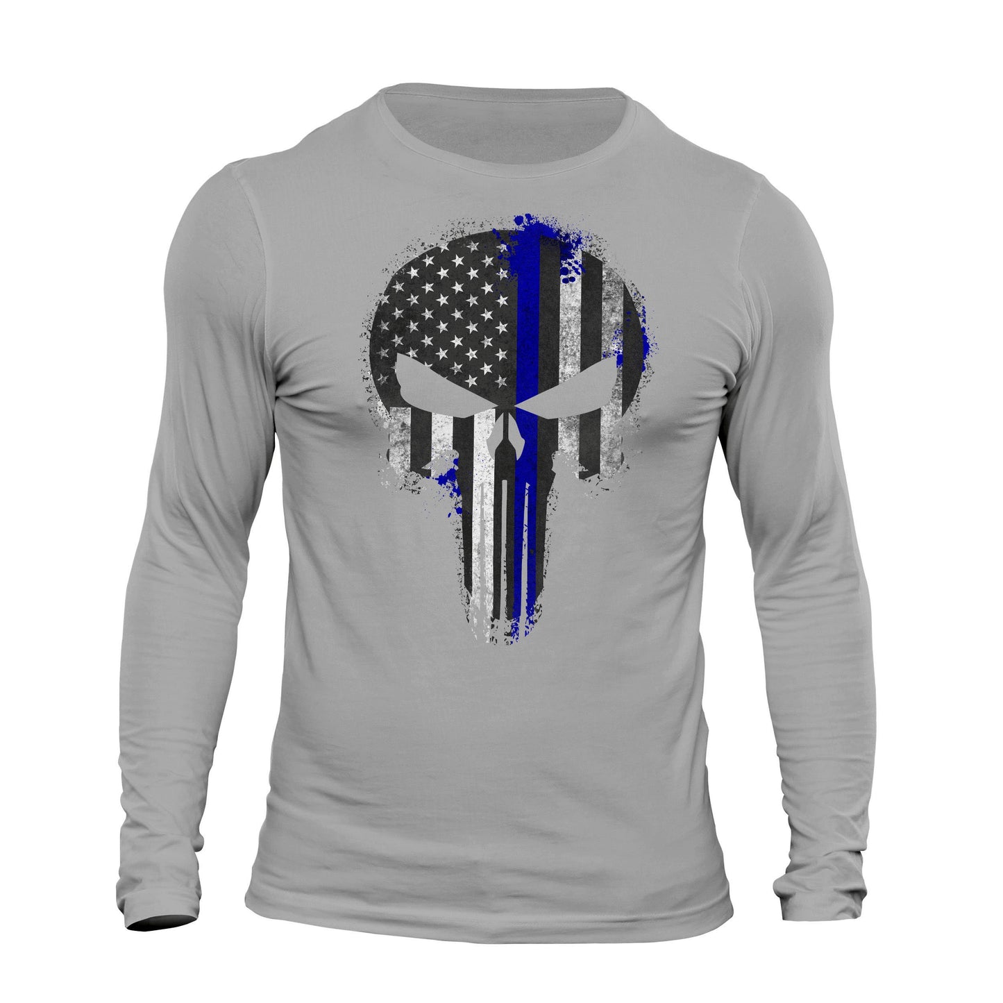 Thin Blue Line Flag Skull Patriotic USA Tactical Men's Long Sleeve T-Shirt