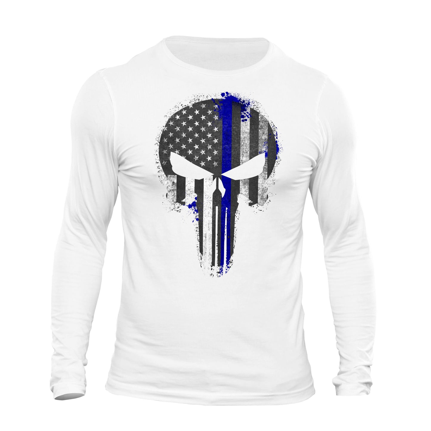 Thin Blue Line Flag Skull Patriotic USA Tactical Men's Long Sleeve T-Shirt