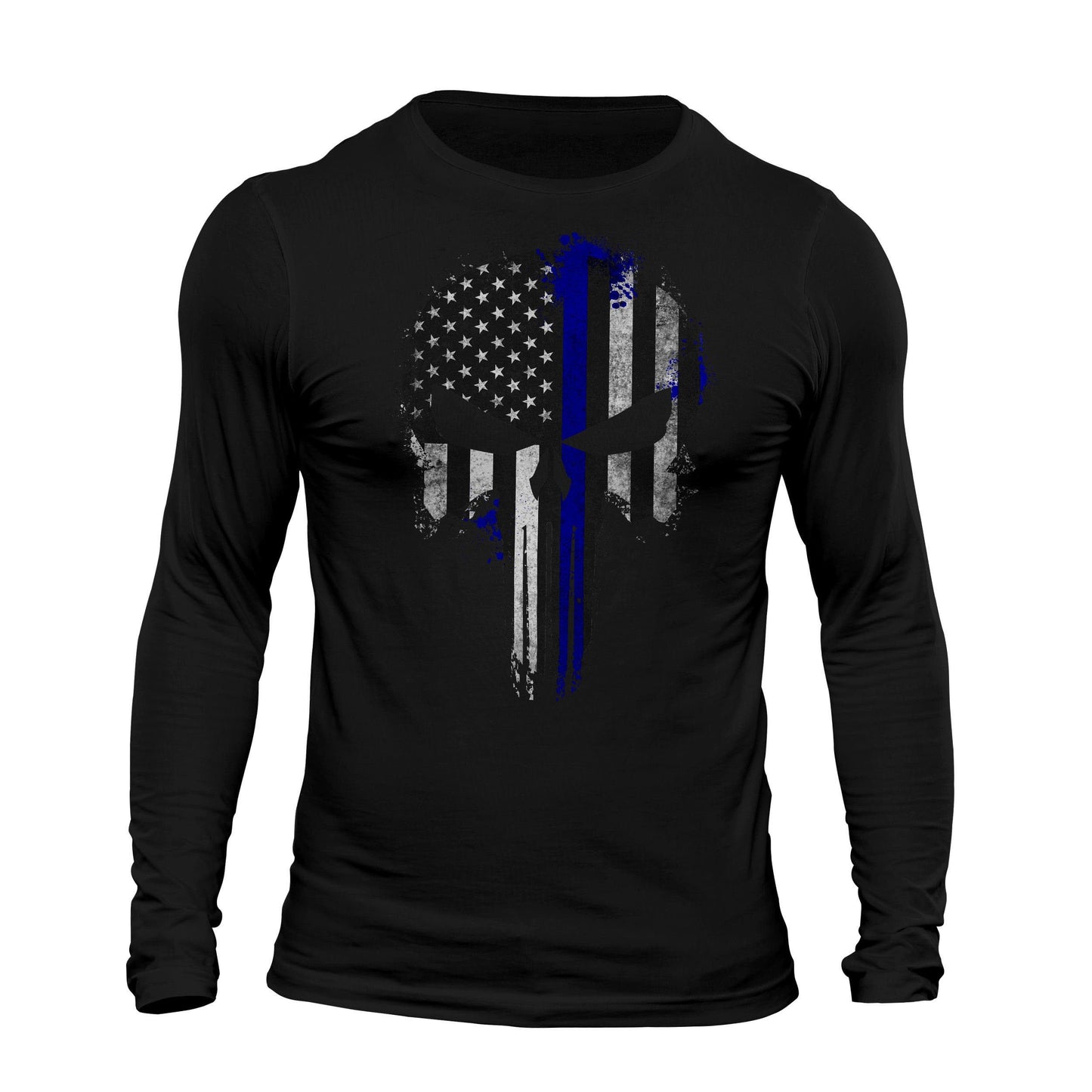 Thin Blue Line Flag Skull Patriotic USA Tactical Men's Long Sleeve T-Shirt