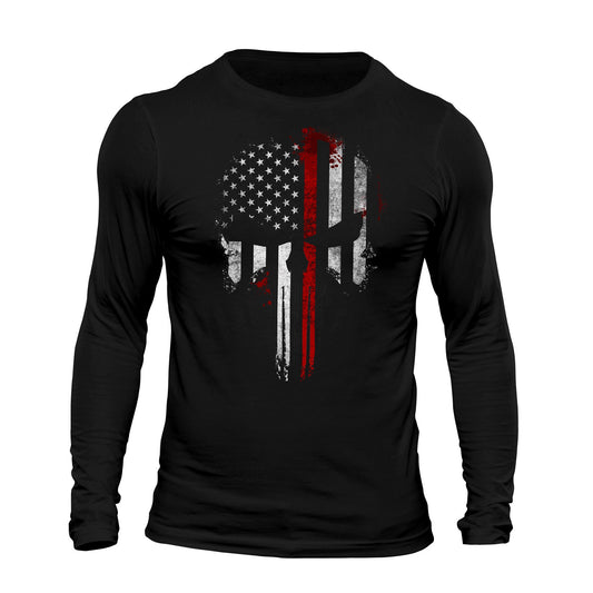 Thin Red Line Flag Skull USA Firefighter Long Sleeve Men's T-Shirt