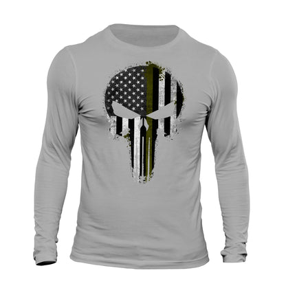 Thin Green Line Flag Skull Patriotic USA Army Men's Long Sleeve T-Shirt