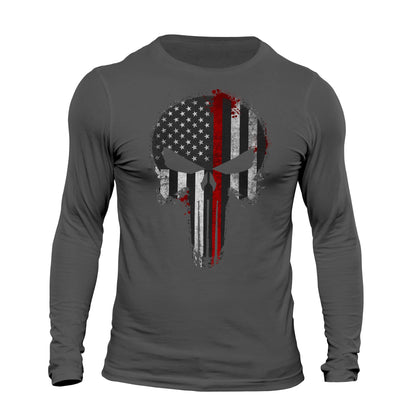 Thin Red Line Flag Skull USA Firefighter Long Sleeve Men's T-Shirt