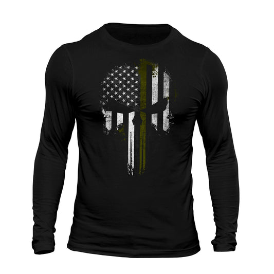 Thin Green Line Flag Skull Patriotic USA Army Men's Long Sleeve T-Shirt