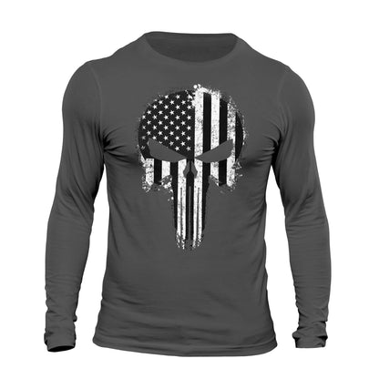 USA Flag Tactical B&W Skull Long Sleeve Men's T-Shirt