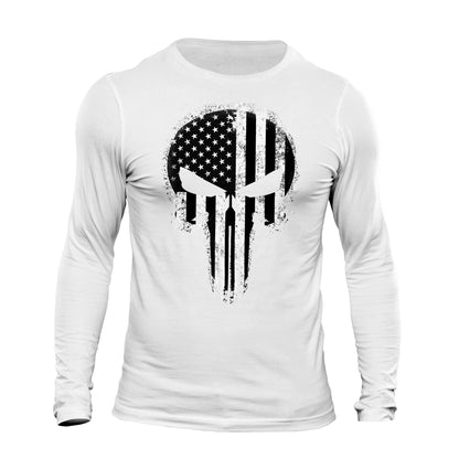 USA Flag Tactical B&W Skull Long Sleeve Men's T-Shirt