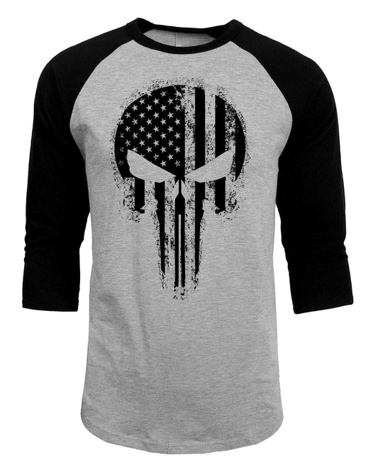 USA Flag Skull Distressed Blacked Out 3/4 Sleeve Raglan T-Shirt