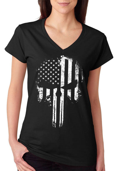 USA Flag B&W Skull Women's V-Neck T-Shirt