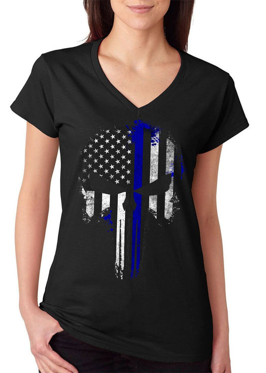 Police Thin Blue Line Flag Skull Women's V-Neck T-Shirt