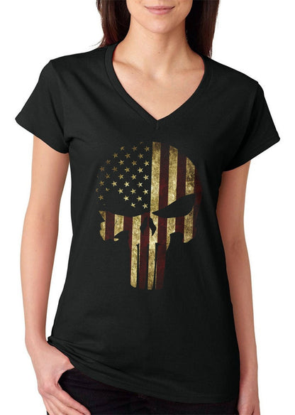 USA Flag Skull Patriotic Women's V-Neck T-Shirt