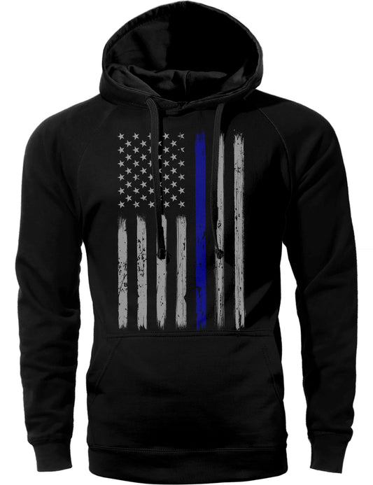 Thin Blue Line Vertical Brushed Flag Front Print Police Hoodie Sweatshirt