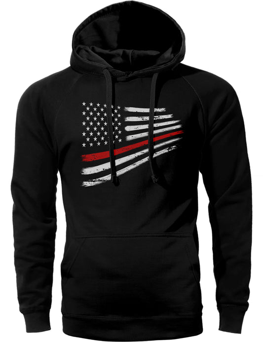 Thin Red Line Flag Warped Design USA Firefighter Hoodie Sweatshirt