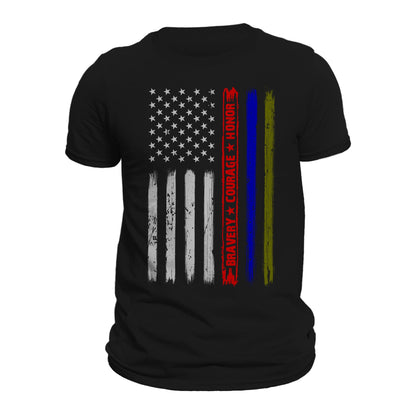 Firefighter Police Army Bravery Courage Honor Thin Red Blue Green Line Vertical Flag T-Shirt