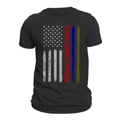 Firefighter Police Army Bravery Courage Honor Thin Red Blue Green Line Vertical Flag T-Shirt