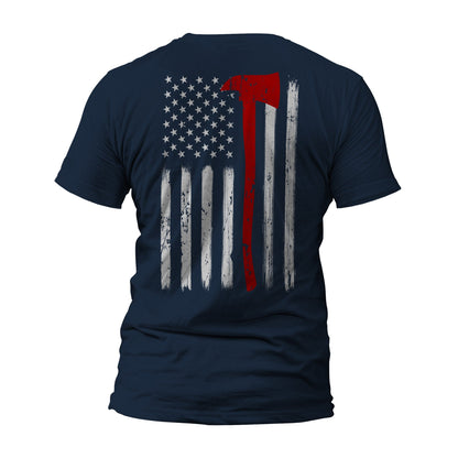 Thin Red Line Flag Axe Design US Firefighter Front or Back Print T-Shirt