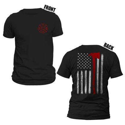 Thin Red Line Flag With Axe US Firefighter Front & Back Print T-Shirt