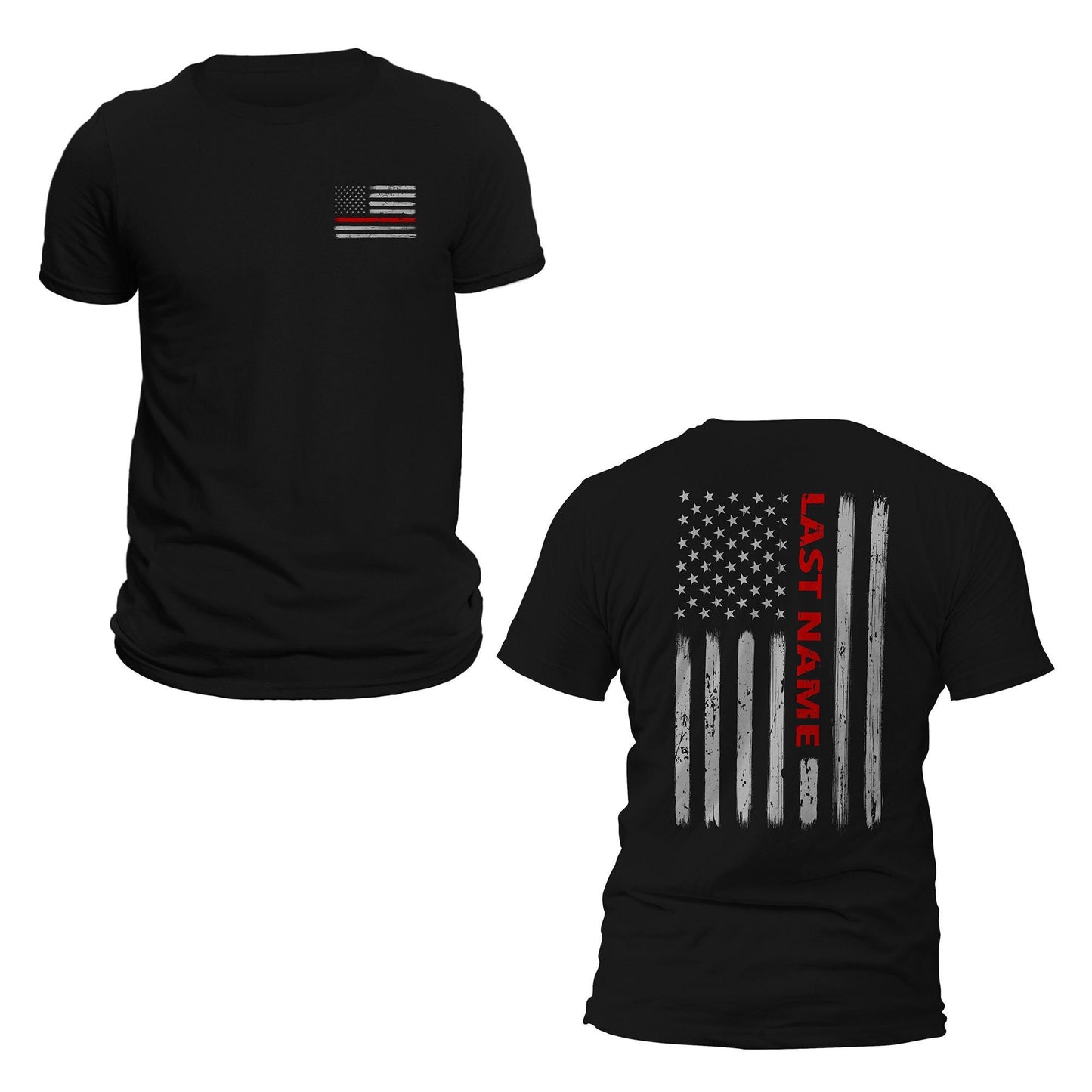 Custom Last Name Firefighter T-Shirt Thin Red Line Vertical Flag