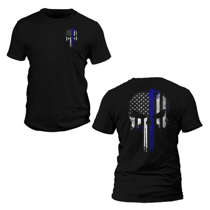 Thin Blue Line Flag Skull Police Front & Back Print T-Shirt