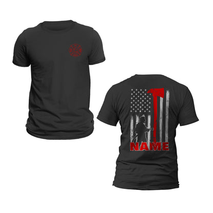 Personalized Firefighter T-Shirt Custom Name Thin Red Line Flag Axe Design