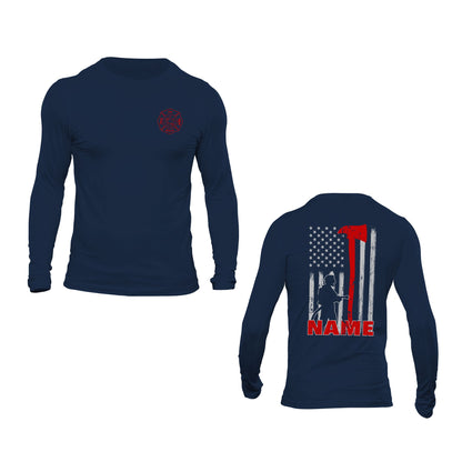 Personalized Firefighter Long Sleeve T-Shirt Custom Name Thin Red Line Axe Design