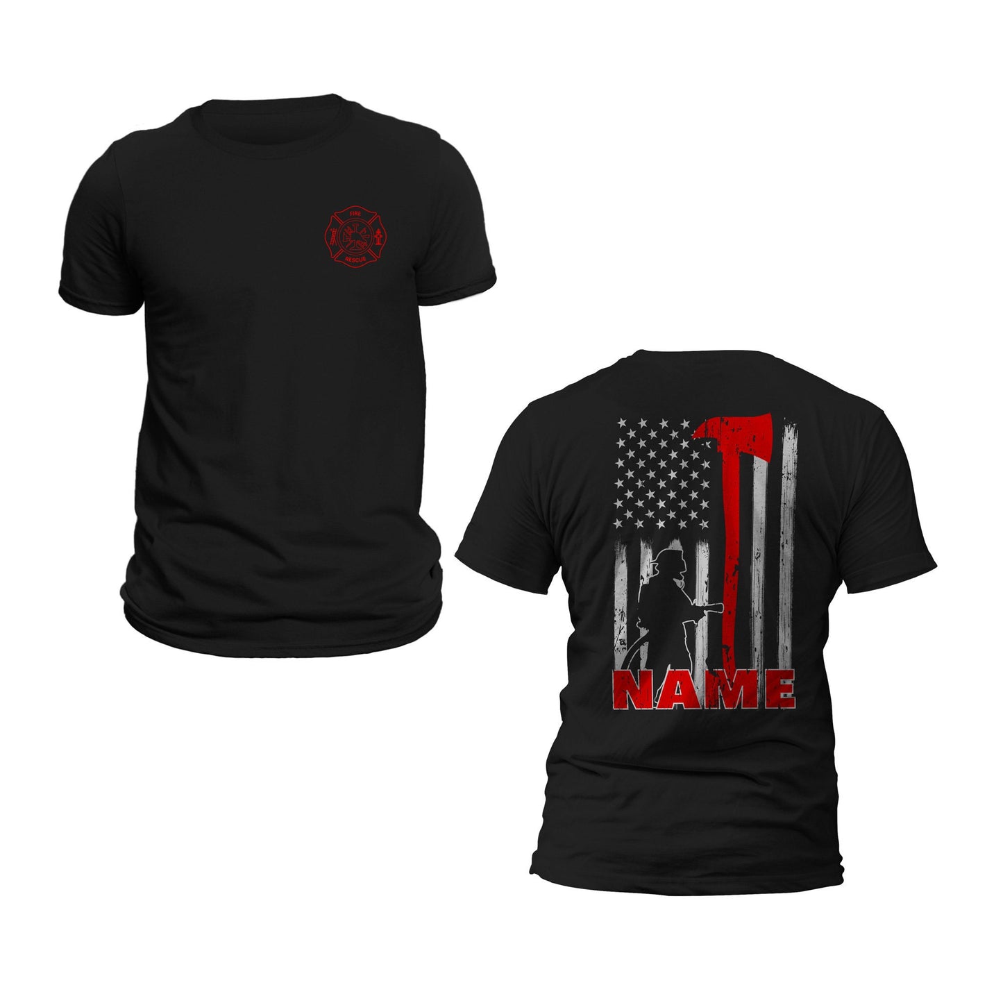 Personalized Firefighter T-Shirt Custom Name Thin Red Line Flag Axe Design