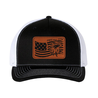 Trucker Hat Baseball Cap American Flag Free Since 1776 Leather Patch Style Hat