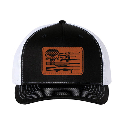 Trucker Hat Baseball Cap 2nd Amendment American Flag With Skull And Guns Leather Patch Style Hat