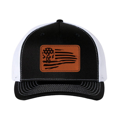 Trucker Hat Baseball Cap American Flag With Skull Leather Patch Style Hat