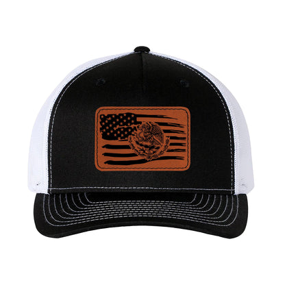 Trucker Hat Baseball Cap Mexican American Flag Leather Patch Style Hat