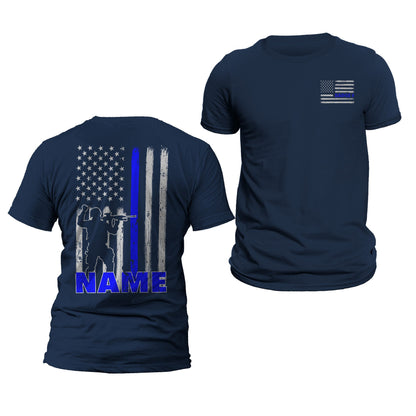 Custom Police Officer Thin Blue Line Flag T-Shirt With Personalized Name & Badge