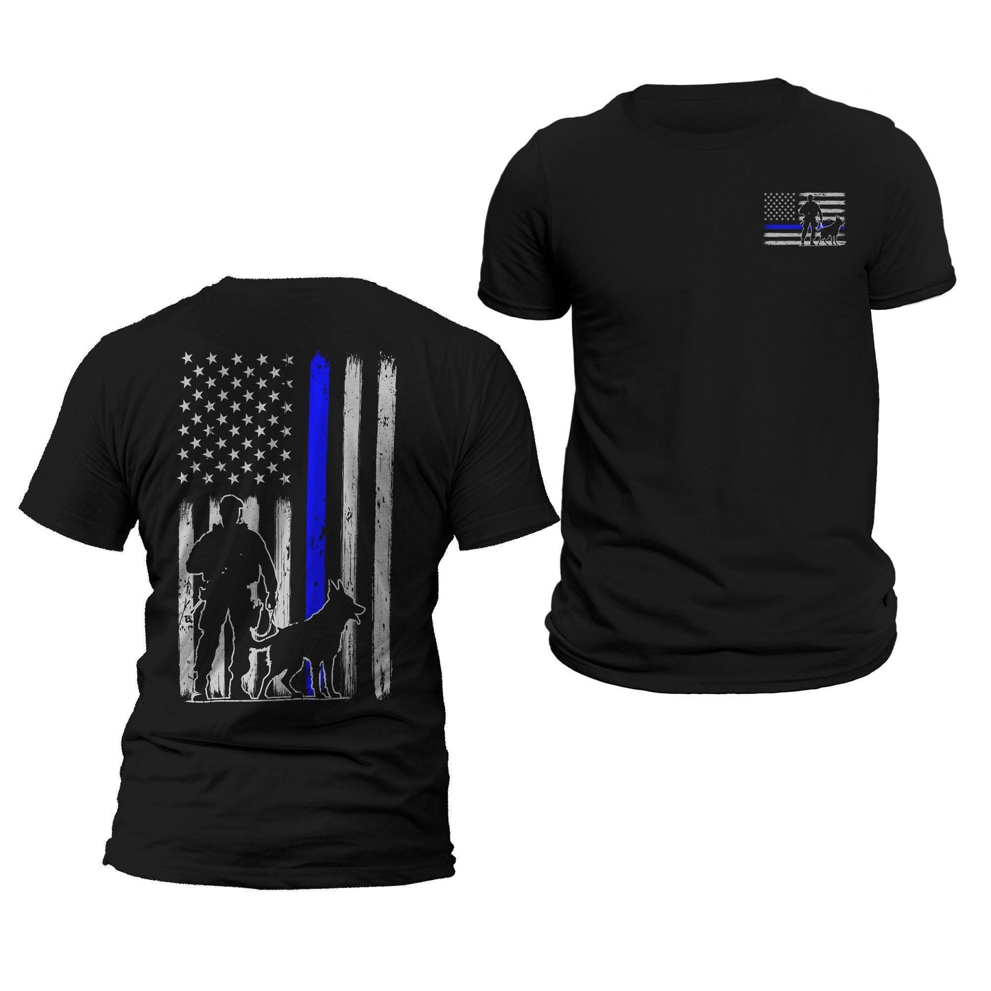 Police K-9 Unit Thin Blue Line Flag Front & Back Print Vertical Brushed Design T-Shirt