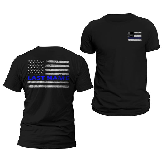 Custom Last Name Personalized Police Thin Blue Line Flag T-Shirts