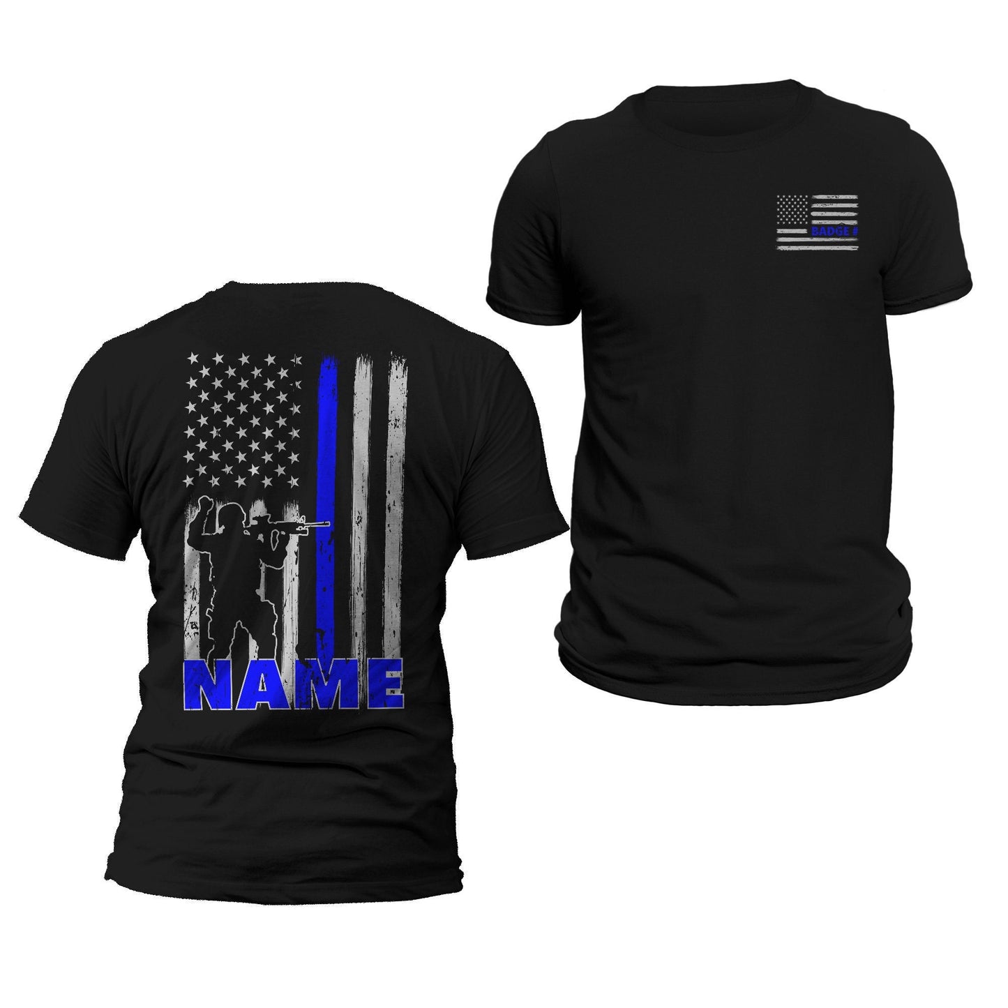 Custom Police Officer Thin Blue Line Flag T-Shirt With Personalized Name & Badge