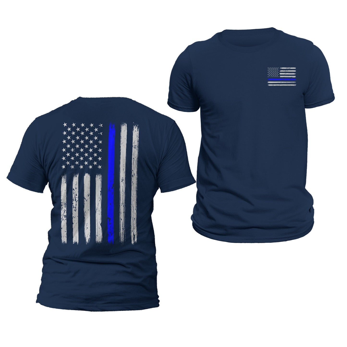 Police Thin Blue Line Flag Front & Back Print Vertical Brushed Design T-Shirt