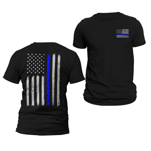 Police Thin Blue Line Flag Front & Back Print Vertical Brushed Design T-Shirt