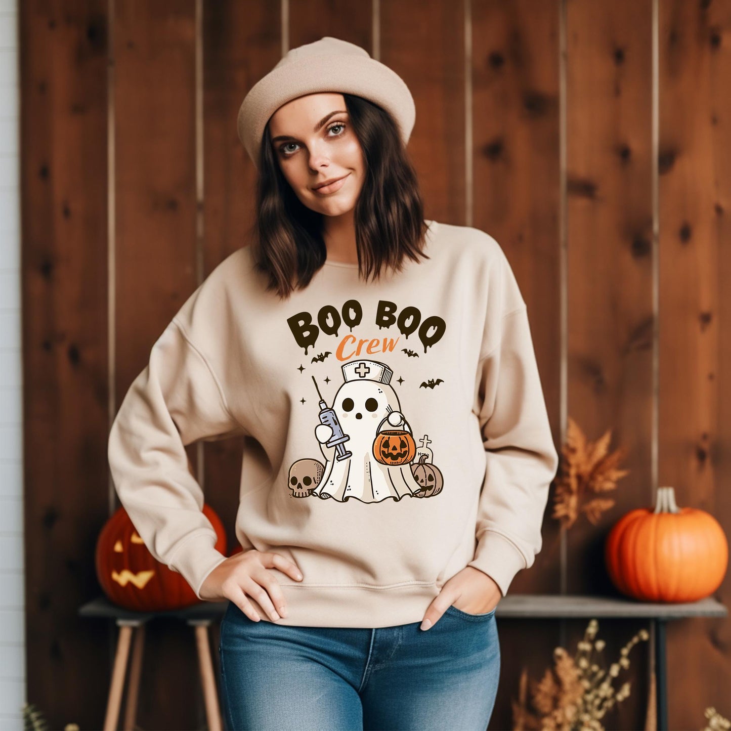 Halloween Nurse Cute Ghost Boo Crew Pumpkin Fall Spooky Season Unisex Sweatshirt