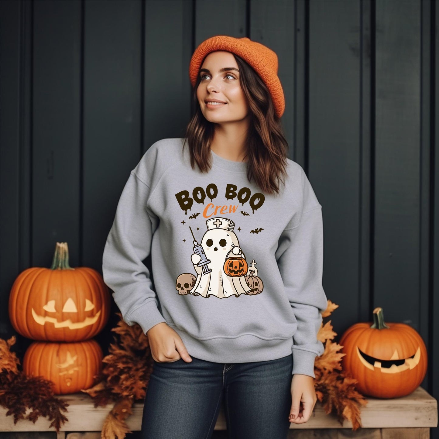 Halloween Nurse Cute Ghost Boo Crew Pumpkin Fall Spooky Season Unisex Sweatshirt