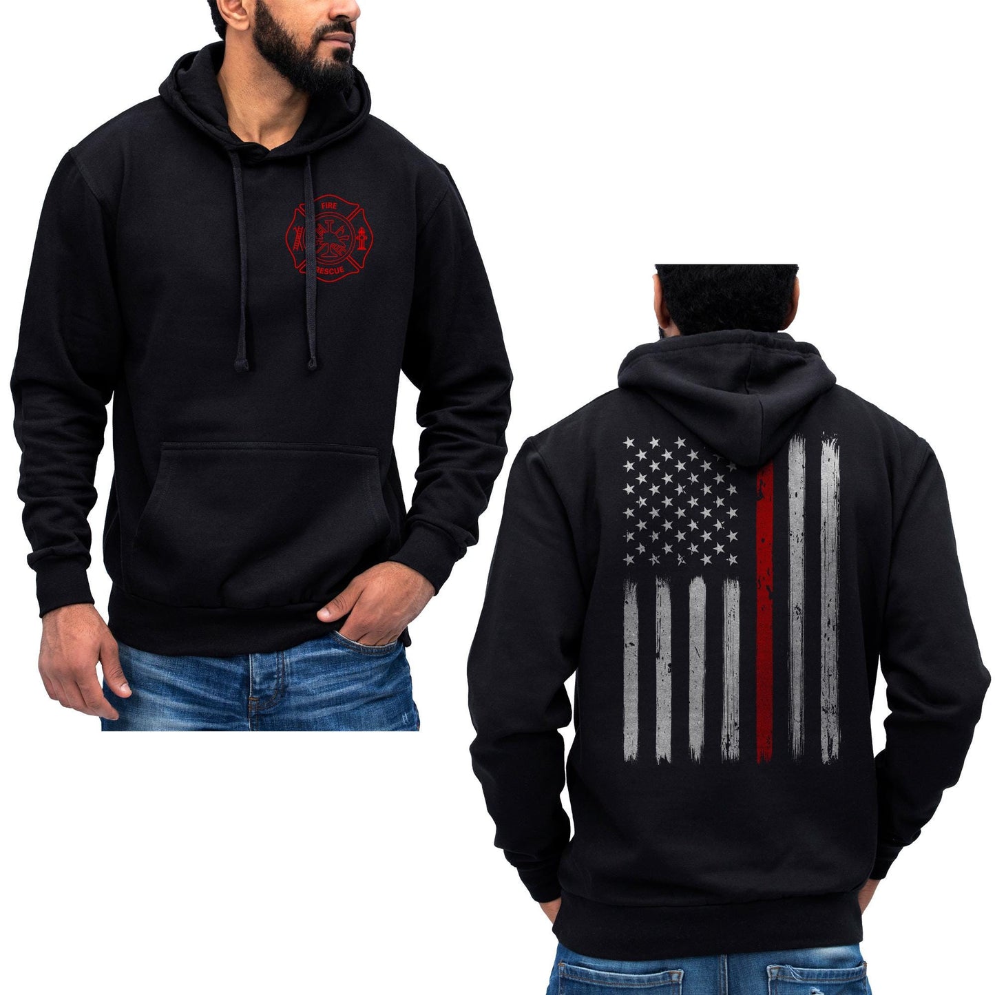 Thin Red Line Flag Vertical Brushed Design US Firefighter Hoodie Sweatshirt