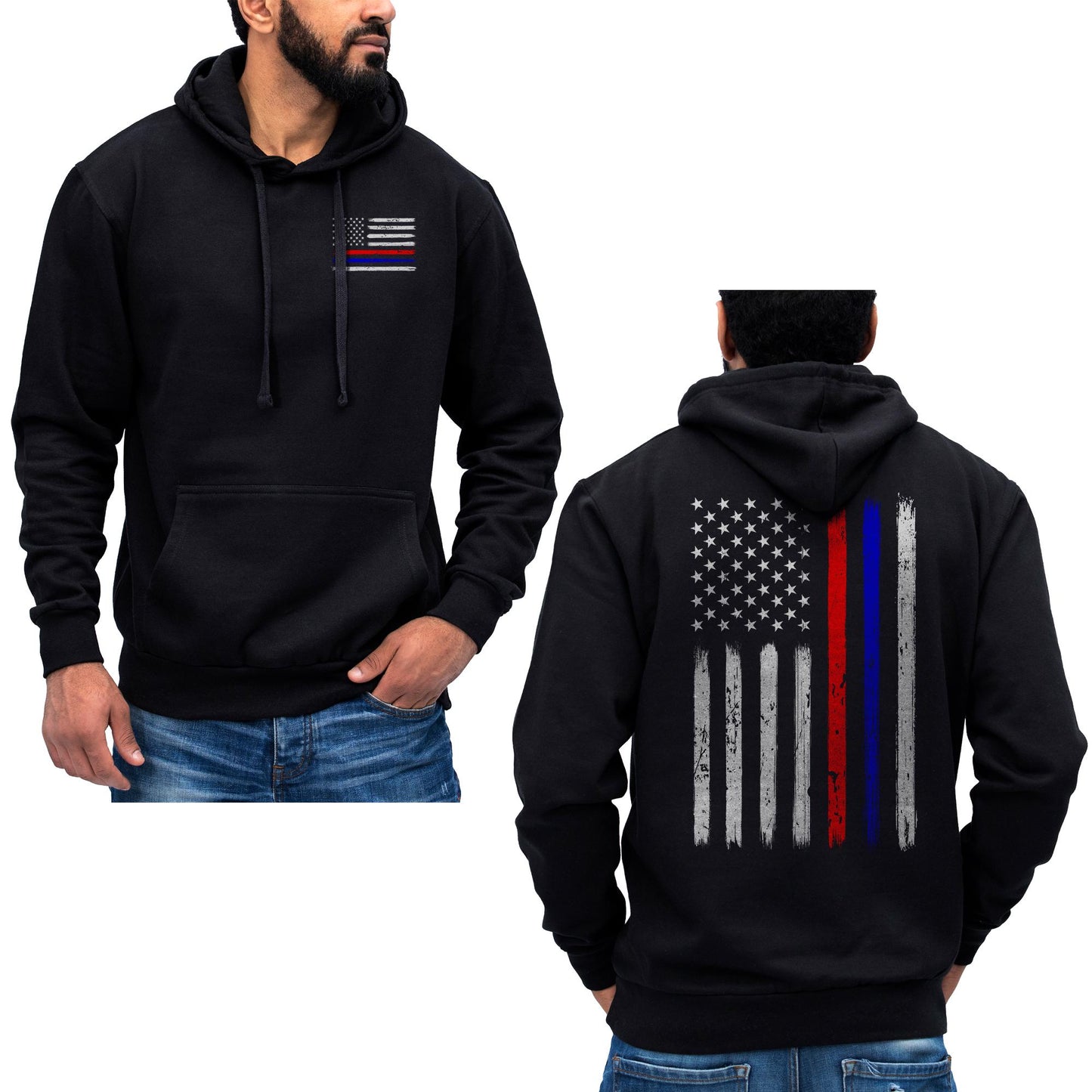 Thin Red & Blue Line Vertical Brushed Flag Police Hoodie Sweatshirt